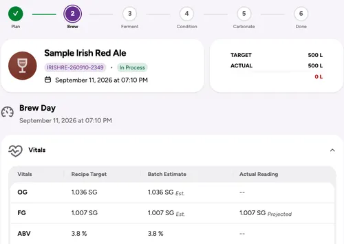 Foambyte batch tracking interface displaying fermentation stages and readings