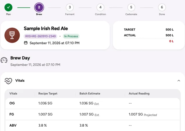 Foambyte batch tracking interface displaying fermentation stages and readings