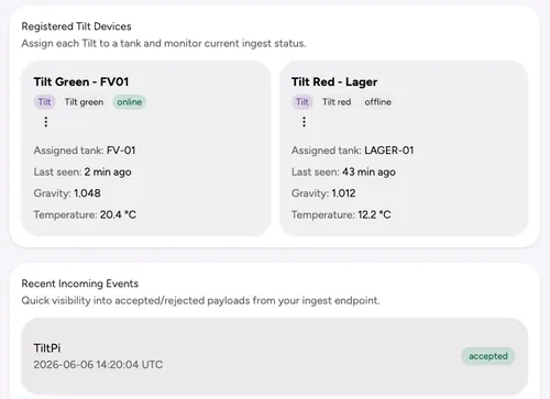 IoT device integration dashboard displaying automatic temperature and gravity hydrometer sync