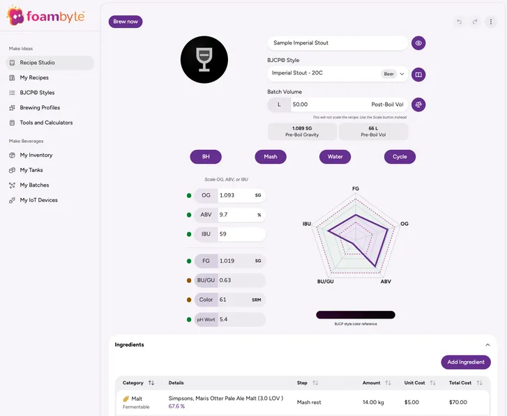 Recipe Studio workspace showing ingredient formulation and target brewing metrics